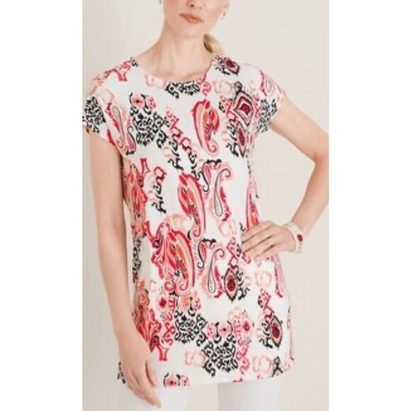 Chico's Tops - Chicos Women's Rayon Stretch Jersey Cap Sleeve Tunic Blouse White Red Size 2 Med